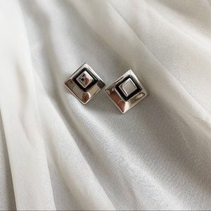 VTG Silver Black Double Diamond Clip Earrings
